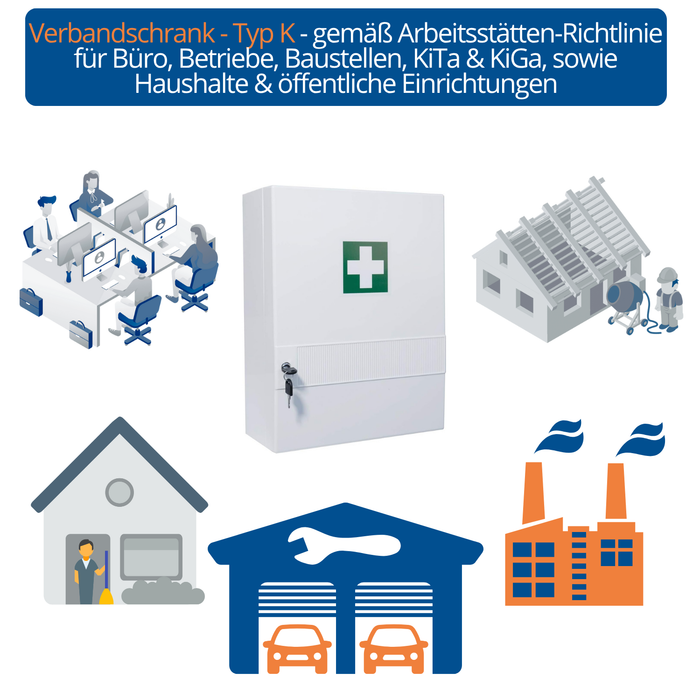 Verbandschrank K, leer – Kunststoff, 10 Fächer, Schloss - für DIN 13157 - FAP First Aid Products  - Arbeitsstätten Richtlinie