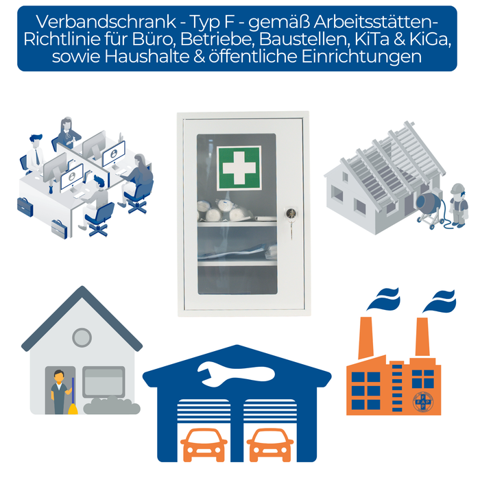 Verbandschrank F (leer) – Metall, pulverbeschichtet, 1-türig mit Sichtfenster & Sicherheitsschloss – passend für DIN 13157 Füllung – Weiß, 46×30×14 cm