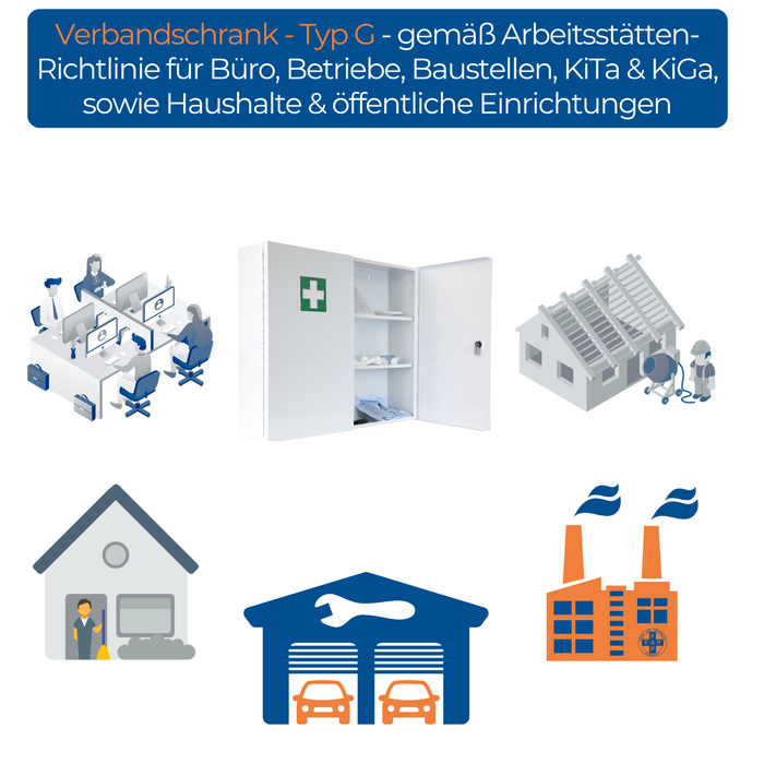 Verbandschrank G, leer – zweitürig - Metall – Weiß – DIN 13157 & 13169 - FAP First Aid Products - Arbeitsstätten Richtlinie