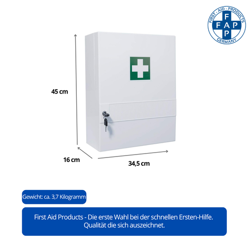 Verbandschrank K, inkl. DIN 13157 – Kunststoff, weiß, 10 Fächer, Schloss - FAP First Aid Products - Maße und Gewicht
