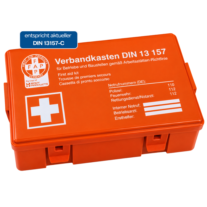 Verbandkasten Typ C mit DIN 13157 Füllung - orange - kompakt & robust - für Büro, Haushalt & Freizeit - 26 × 8,5 × 18 cm