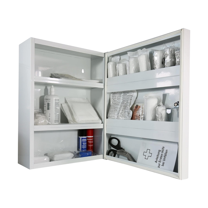 Verbandschrank D - Metall, weiß -  inkl. DIN 13169 Füllung – Gummidichtung - FAP First Aid Products - Innenansicht