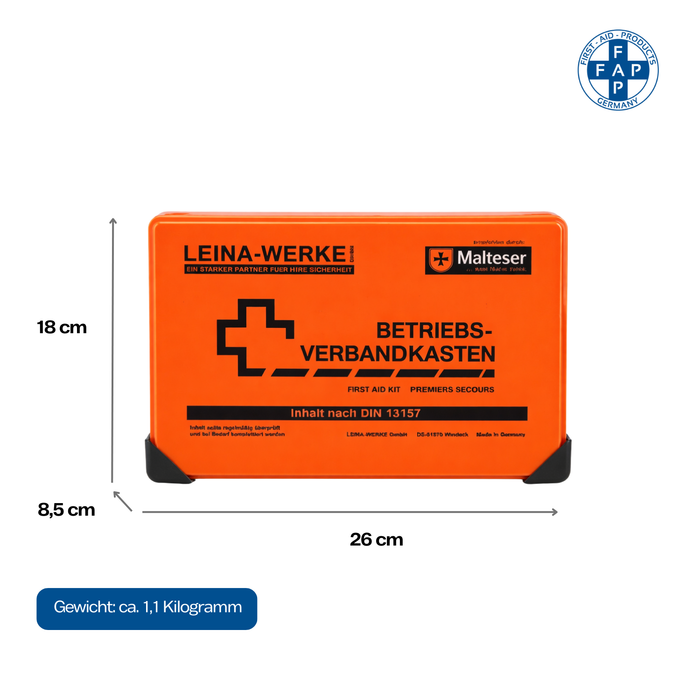 Verbandkasten Typ C mit DIN 13157 Füllung - orange - kompakt & robust - für Büro, Haushalt & Freizeit - 26 × 8,5 × 18 cm