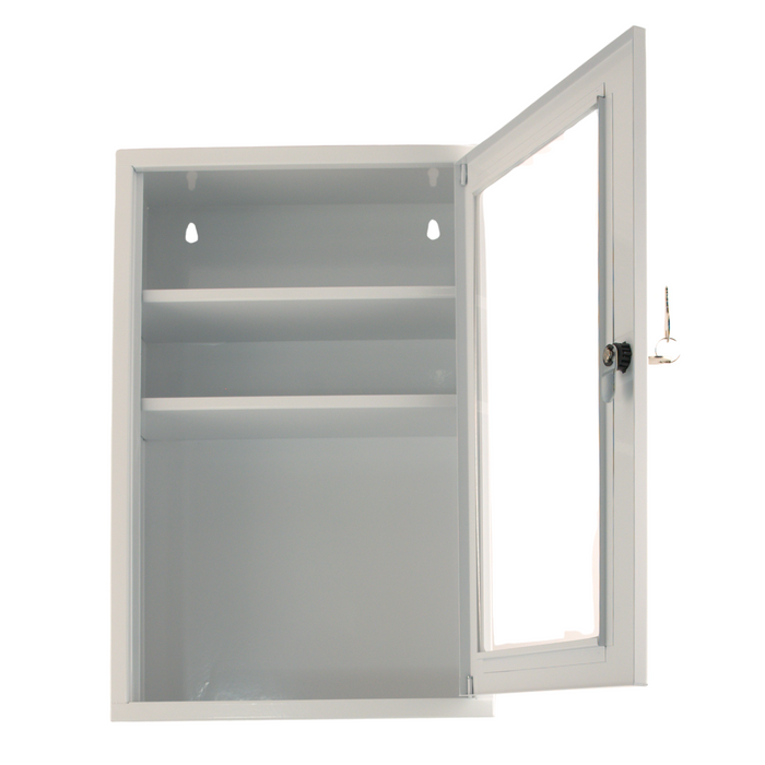 Verbandschrank F (leer) – Metall, pulverbeschichtet, 1-türig mit Sichtfenster & Sicherheitsschloss – passend für DIN 13157 Füllung – Weiß, 46×30×14 cm