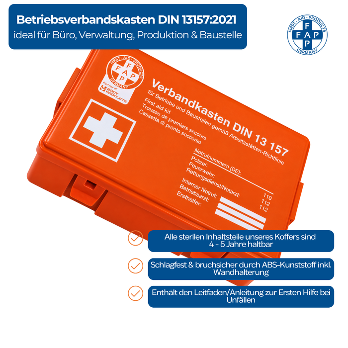 Verbandkasten Typ C mit DIN 13157 Füllung - orange - kompakt & robust - für Büro, Haushalt & Freizeit - 26 × 8,5 × 18 cm