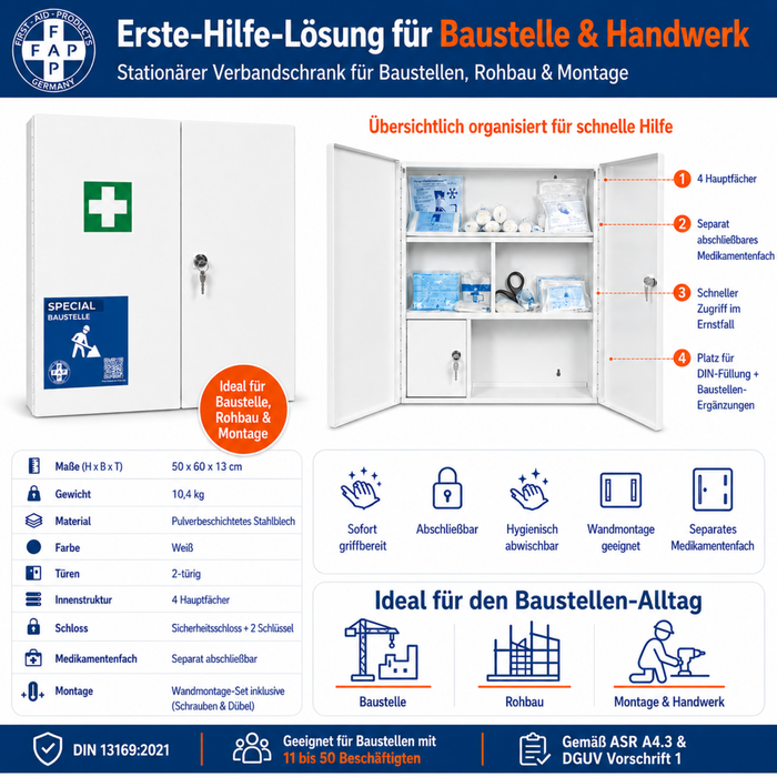 Erste-Hilfe-Schrank Baustelle DIN 13169 - zweitürig