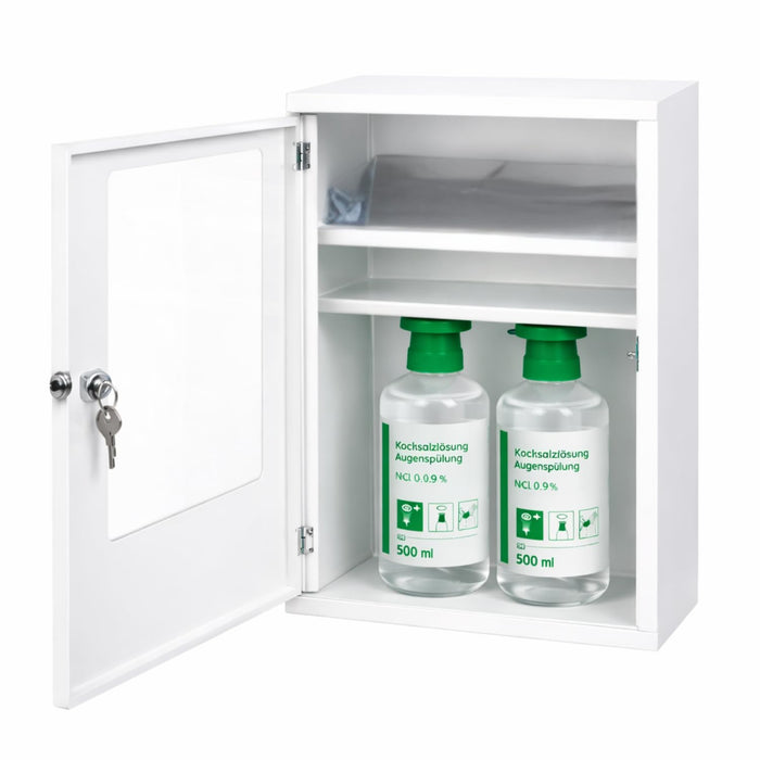 Augenspülschrank mit 2x NaCl 0,9% (500 ml) - Metall, abschließbar, weiß - 46 x 30 x 14 cm