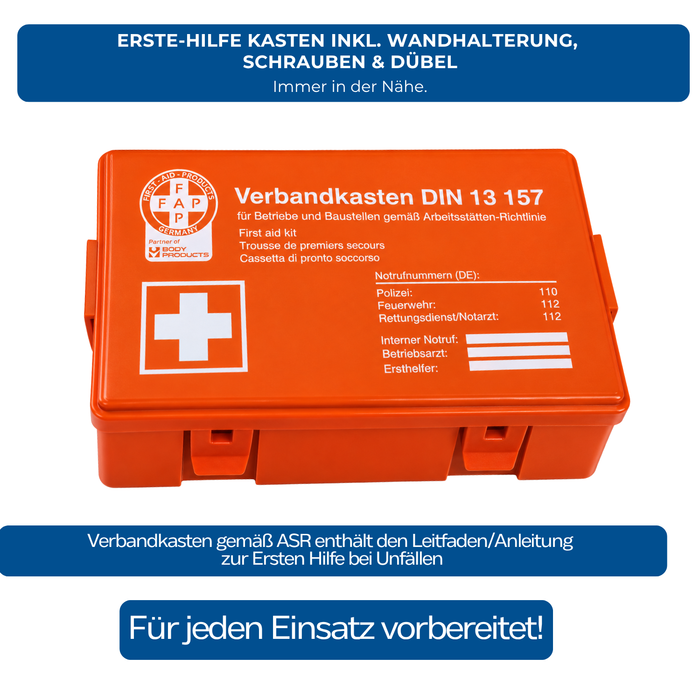 Verbandkasten Typ C mit DIN 13157 Füllung - orange - kompakt & robust - für Büro, Haushalt & Freizeit - 26 × 8,5 × 18 cm