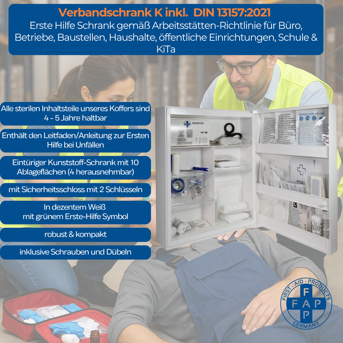 Verbandschrank K, inkl. DIN 13157 – Kunststoff, weiß, 10 Fächer, Schloss - FAP First Aid Products - Key Facts