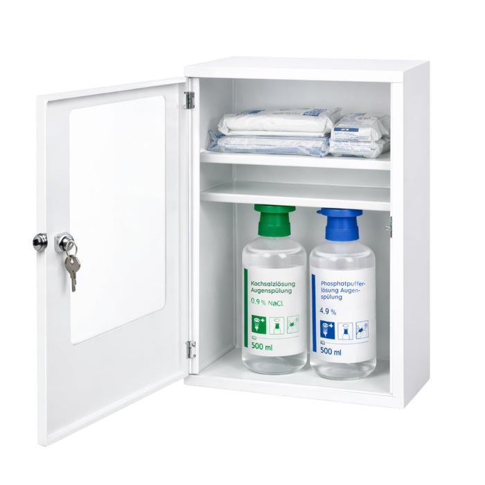 Augenspülschrank Metall mit Sichtfenster - inkl. DIN 13157 + 2 x Augenduschen 500 ml (NaCl & Phosphat)