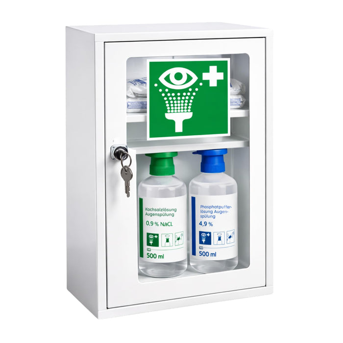 Augenspülschrank Metall mit Sichtfenster - inkl. DIN 13157 + 2 x Augenduschen 500 ml (NaCl & Phosphat)