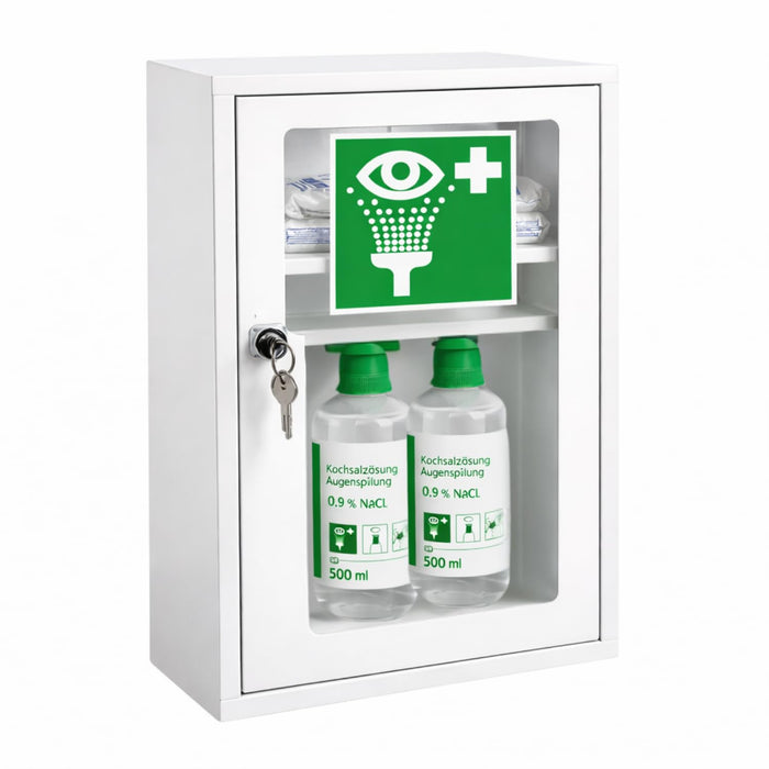 Augenspülschrank inkl. DIN 13157 Set - 2x NaCl 500ml - Komplettausstattung für Augennotfall