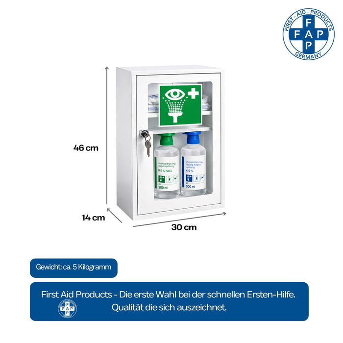 Augenspülschrank Metall mit Sichtfenster - inkl. DIN 13157 + 2 x Augenduschen 500 ml (NaCl & Phosphat)