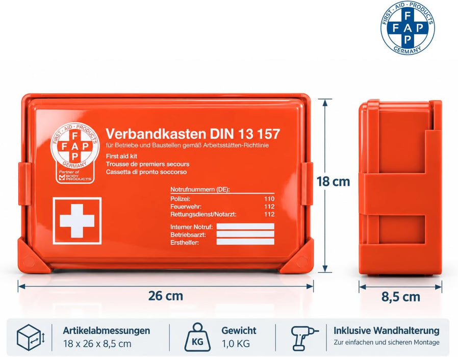 Verbandkasten Typ C mit DIN 13157 Füllung - orange - kompakt & robust - für Büro, Haushalt & Freizeit - 26 × 8,5 × 18 cm