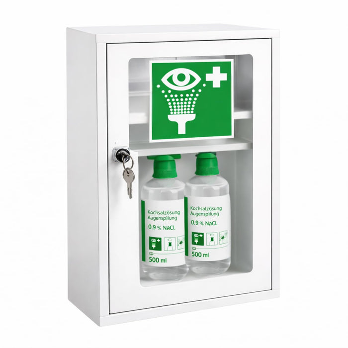Augenspülschrank mit 2x NaCl 0,9% (500 ml) - Metall, abschließbar, weiß - 46 x 30 x 14 cm