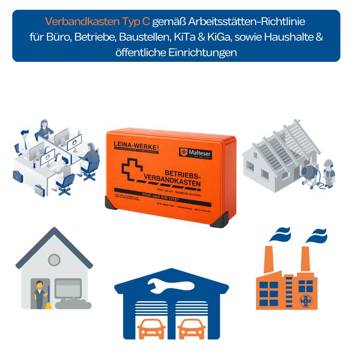 Verbandkasten Typ C mit DIN 13157 Füllung - orange - kompakt & robust - für Büro, Haushalt & Freizeit - 26 × 8,5 × 18 cm
