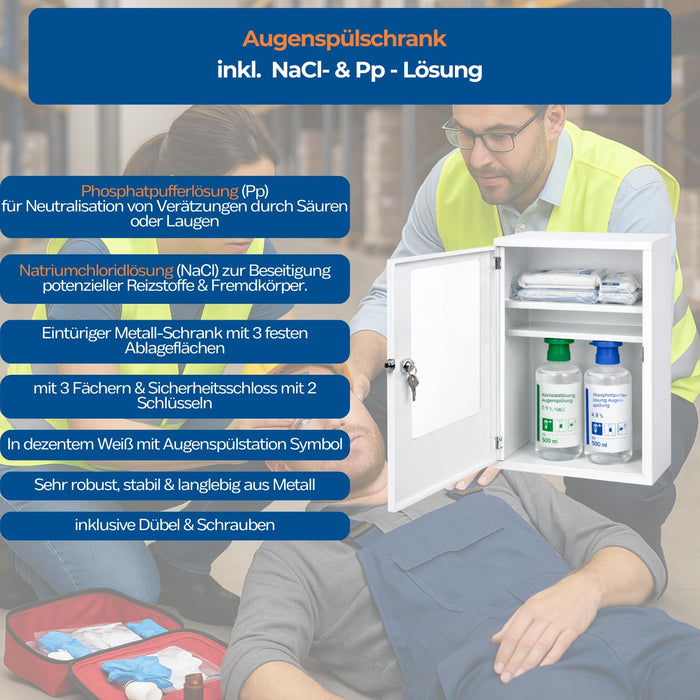 Augenspülschrank mit Sichtfenster und 2 x Augendusche je 500 ml - NaCl & Phosphat