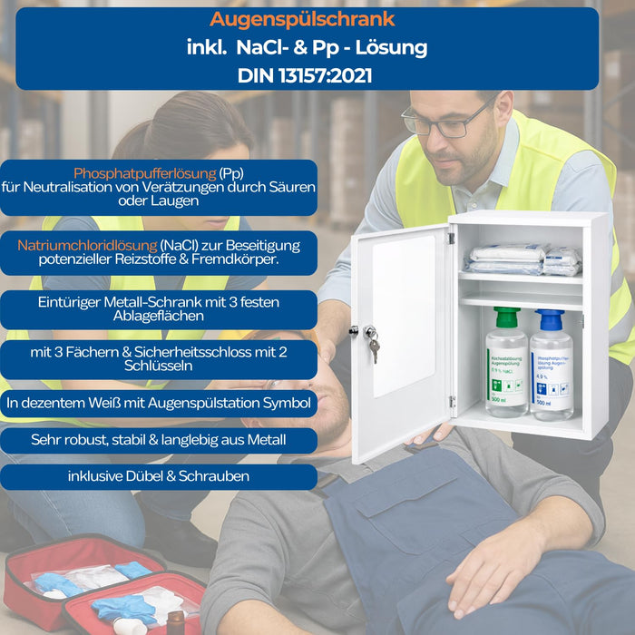 Augenspülschrank Metall mit Sichtfenster - inkl. DIN 13157 + 2 x Augenduschen 500 ml (NaCl & Phosphat)