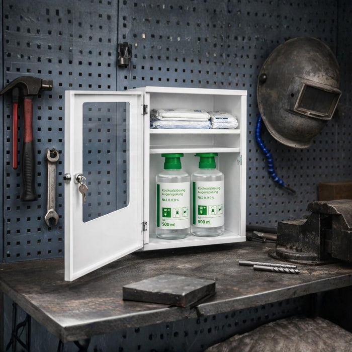 Augenspülschrank mit 2x NaCl 0,9% (500 ml) - Metall, abschließbar, weiß - 46 x 30 x 14 cm