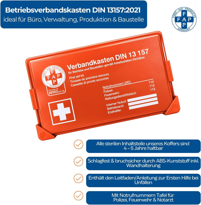 Verbandkasten Typ C mit DIN 13157 Füllung - orange - kompakt & robust - für Büro, Haushalt & Freizeit - 26 × 8,5 × 18 cm