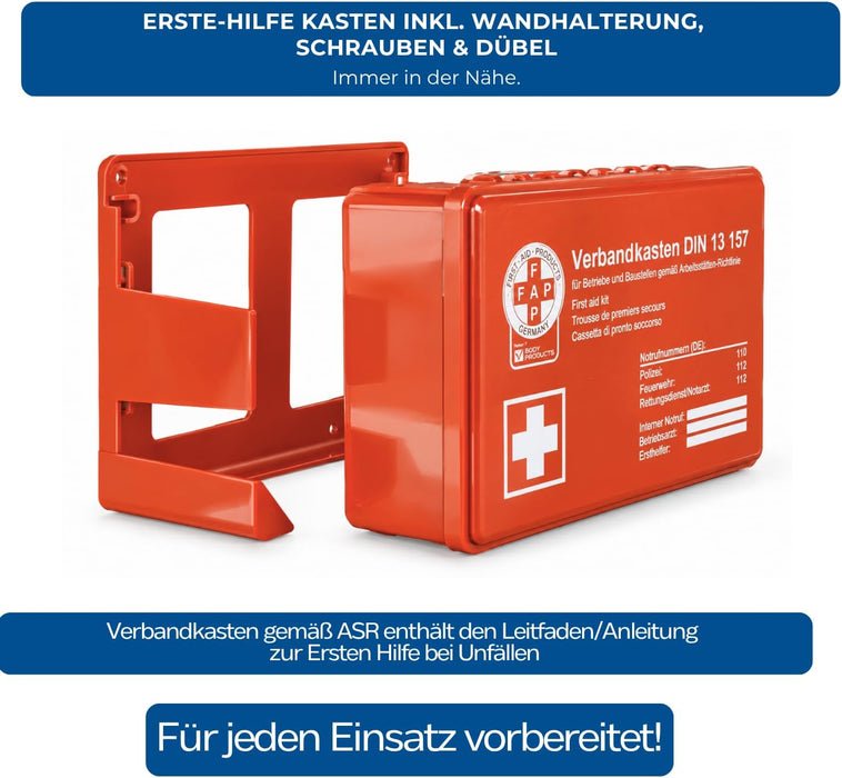 Verbandkasten Typ C mit DIN 13157 Füllung - orange - kompakt & robust - für Büro, Haushalt & Freizeit - 26 × 8,5 × 18 cm