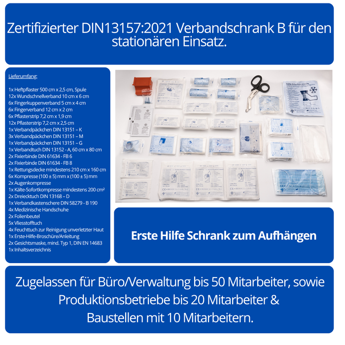 Verbandschrank B mit DIN 13157 Füllung - Metall - Weiß - 3 Fächer - abschließbar - 46x30x14 cm