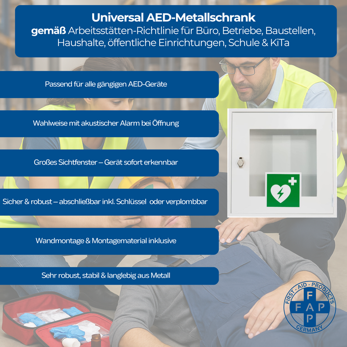 AED Metallschrank für Defibrillatoren mit Sichtfenster & Schloss, ohne Alarm - First Aid Products - Key Facts