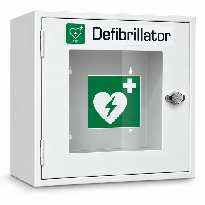 Universal AED Metallschrank (leer) für Defibrillatoren, Sichtfenster & Schloss, ohne Alarm, 40x40x20 cm