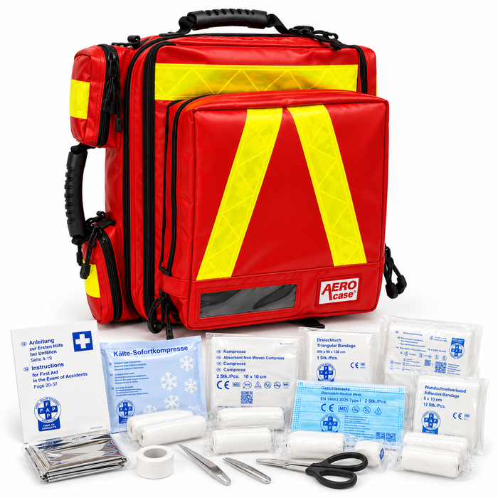 AEROcase AED-Notfallrucksack Größe M - inkl DIN13157 - rot mit Reflektoren