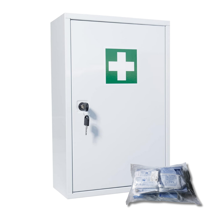 Verbandschrank A mit DIN 13157:2021 Füllung  – Metall – abschließbar – weiß - 37x30x14 cm