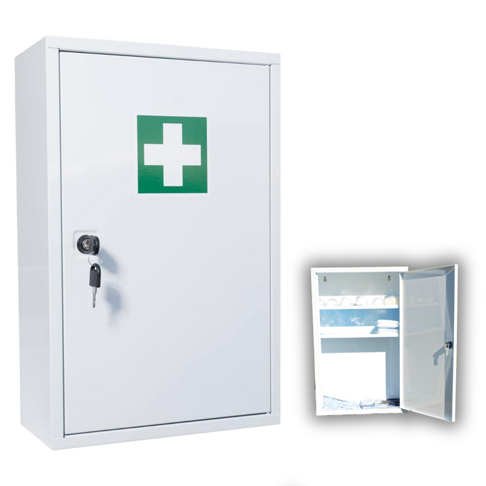 Verbandschrank A leer – Metall – 2 Fächer – Weiß - inkl. Schloss – für DIN 13157 Füllung, 37x30x14 cm