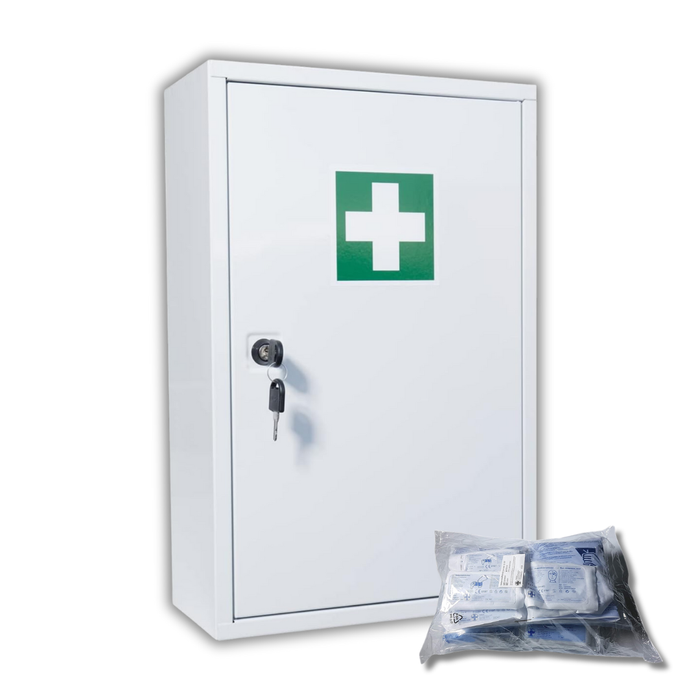 Verbandschrank B mit DIN 13157 Füllung – Metall – Weiß – abschließbar - 46x30x14 cm