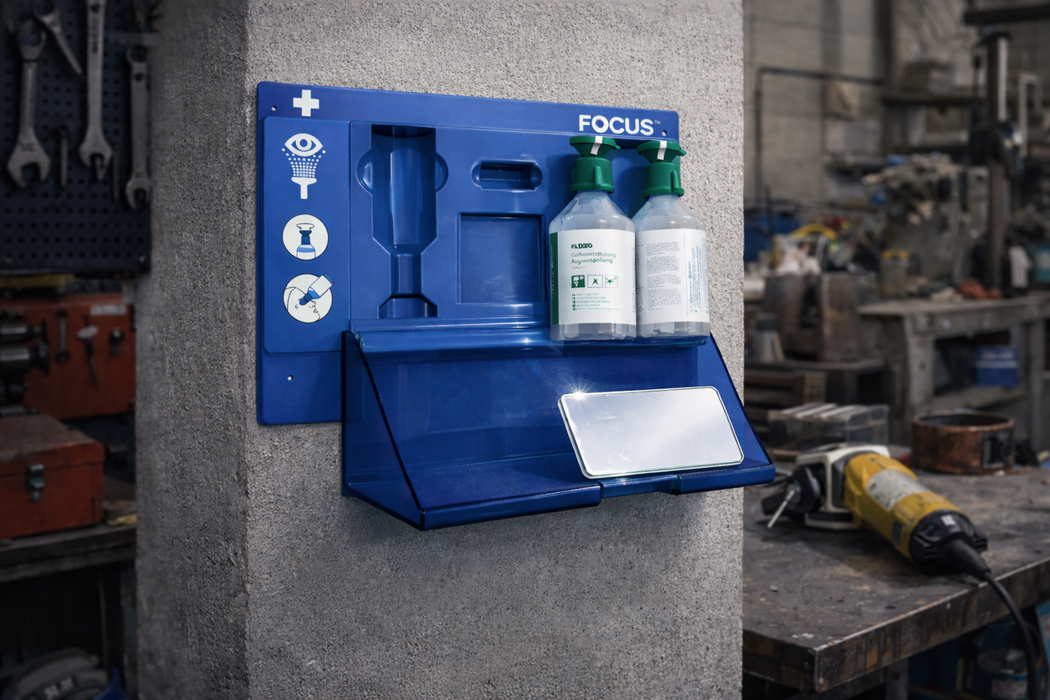 Augenspülstation Notfall - Wandmontage blau - mit Spiegel