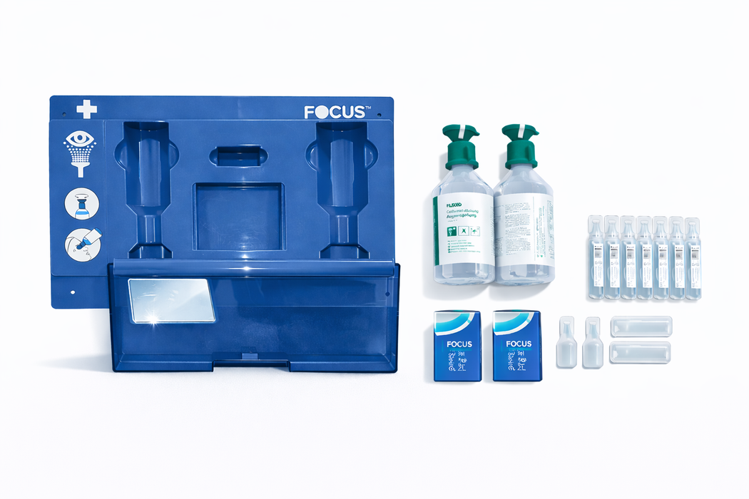 Augenspülstation Notfall - Wandmontage blau - mit Spiegel