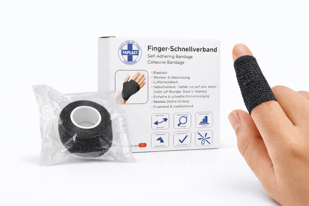 Finger-Schnellverband schwarz - elastisch , selbsthaftend (kohäsiv), wasserfest – 2,5 cm × 5 m