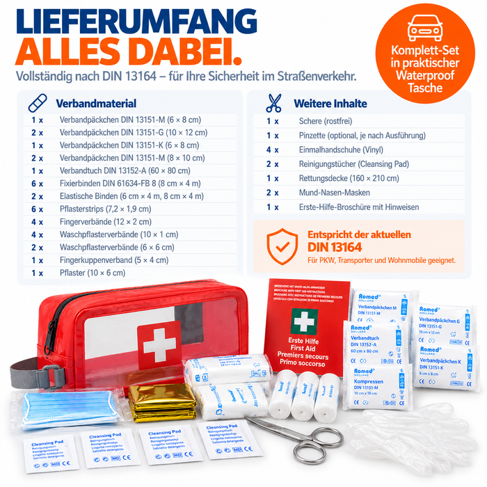 KFZ Erste-Hilfe-Tasche Waterproof mit DIN 13164 Füllung für PKW