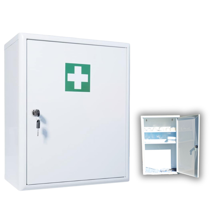 Verbandschrank D (leer) – Metall, staubgeschützt mit Dichtung – 2-türig mit Sicherheitsschloss – Weiß, 48,5 × 40 × 20 cm