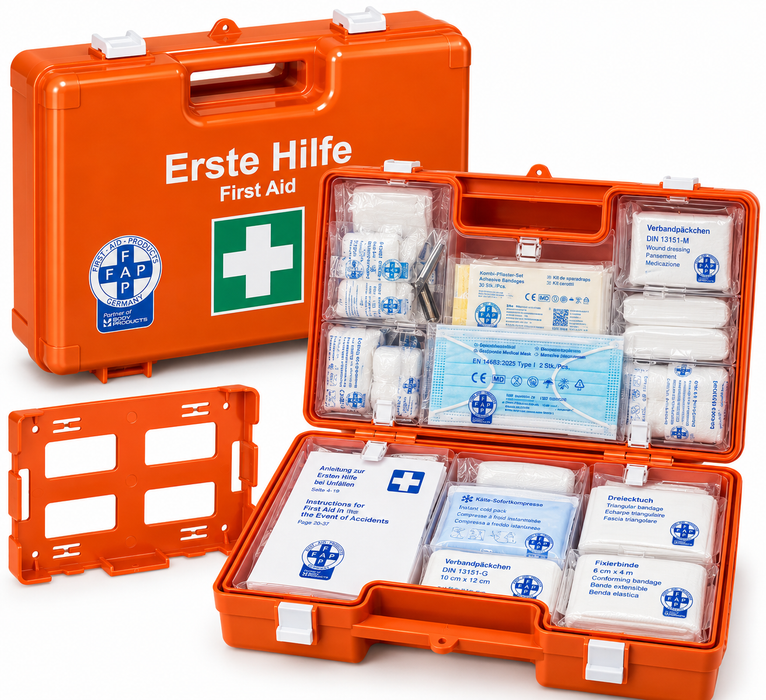 Erste-Hilfe-Koffer LARGE inkl. DIN 13169 - orange - robust & wasserfest - 42x15x33 cm