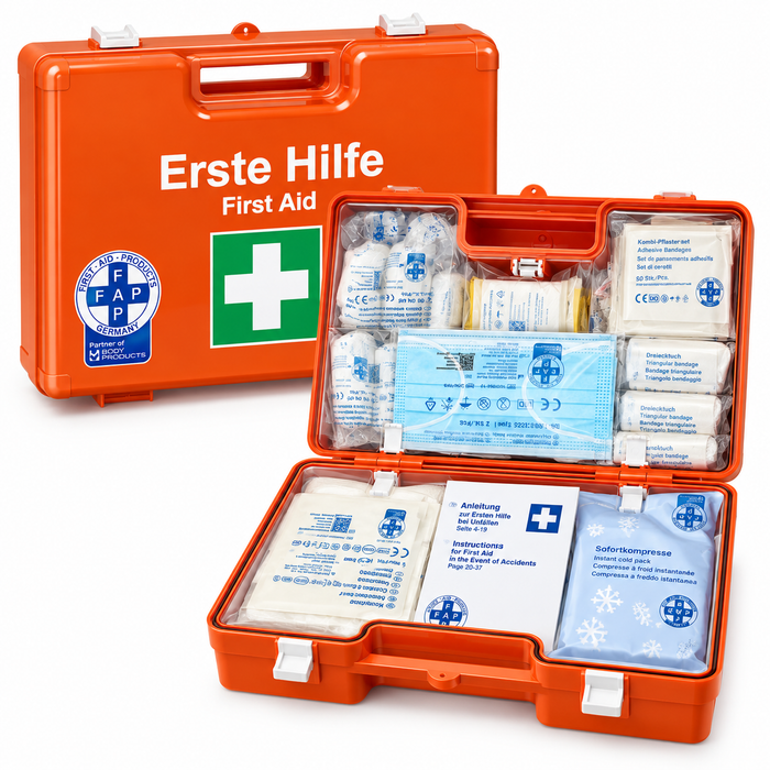 Erste-Hilfe-Koffer MEDIUM DIN 13169 orange mit Wandhalterung