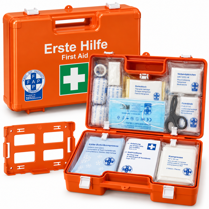 Erste-Hilfe-Koffer MEDIUM inkl. DIN 13157 mit Wandhalterung & Schrauben - orange - 34x12x24 cm