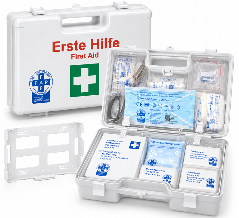 Erste-Hilfe-Koffer MEDIUM inkl. DIN 13157 - weiß - mit Wandhalterung & Schrauben - 34x12x24 cm