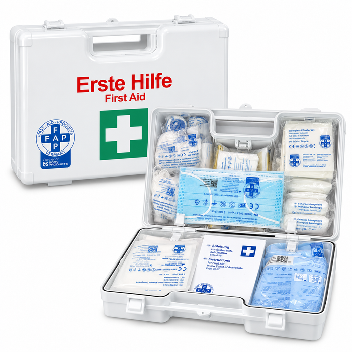 Erste-Hilfe-Koffer MEDIUM inkl. DIN 13169 Füllung - weiß - mit Halterung & Schrauben - 34x12x24 cm