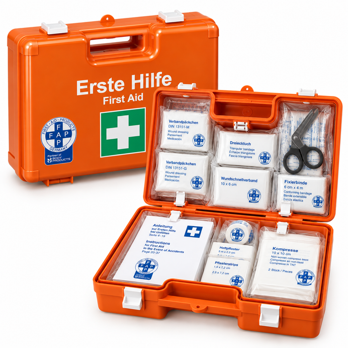 Erste-Hilfe-Koffer SMALL inkl. DIN 13157 Füllung - orange - mit Wandhalterung & Schrauben - 28x12x20 cm