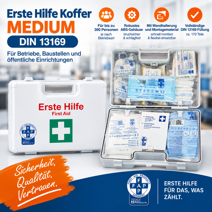 Erste-Hilfe-Koffer MEDIUM inkl. DIN 13169 Füllung - weiß - mit Halterung & Schrauben - 34x12x24 cm