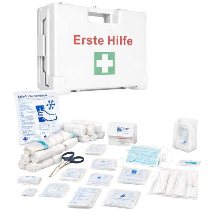 Erste-Hilfe-Koffer MEDIUM inkl. DIN 13157 - weiß - mit Wandhalterung & Schrauben - 34x12x24 cm
