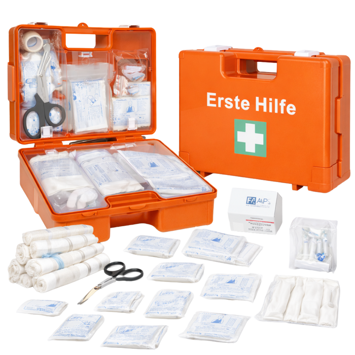 Erste-Hilfe-Koffer MEDIUM inkl. DIN 13169 Füllung - orange - mit Wandhalterung & Schrauben - 34x12x24 cm