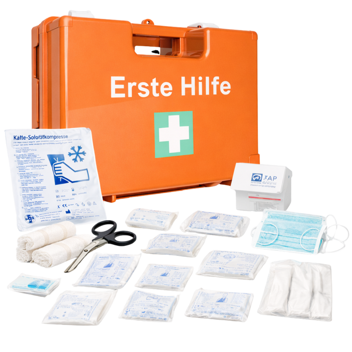 Erste-Hilfe-Koffer MEDIUM inkl. DIN 13157 Füllung mit Wandhalterung & Schrauben - orange - 34x12x24 cm