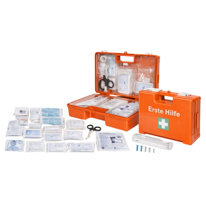 Erste-Hilfe-Koffer SMALL inkl. DIN 13157 Füllung - orange - mit Wandhalterung & Schrauben - 28x12x20 cm