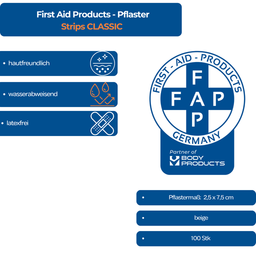 Pflaster Strips CLASSIC – wasserfest & hautfreundlich - 100 Stück in beige – ideal für Schnitt- & Schürfwunden - Key Facts