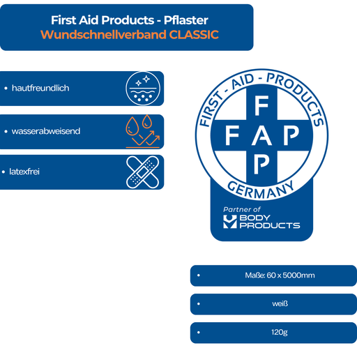 Wundschnellverband CLASSIC - Wundpflaster wasserfest, hypoallergen 6 cm x 5 m - Key FActs